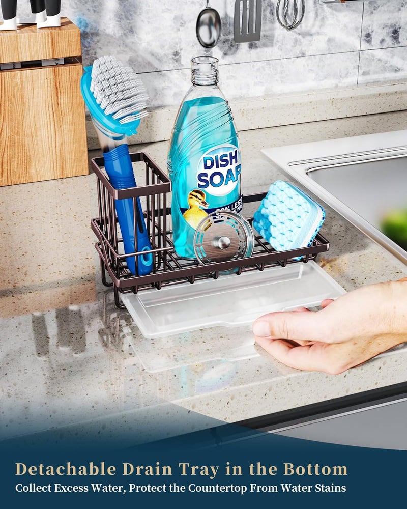 Consumest Sink Caddy Kitchen Organizer, Sponge Holder for Kitchen Sink with Removable Drip Tray for Countertop Dish Soap Holder Dispenser Brush Holder, 304 Stainless Steel - Bronze - Image 4